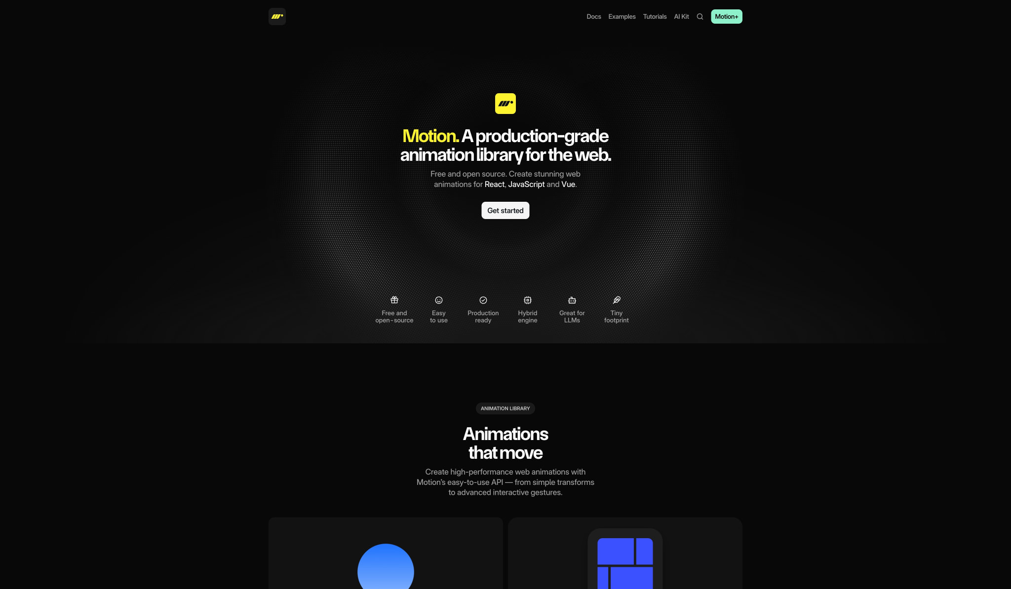 Motion — JavaScript & React animation library captured website design