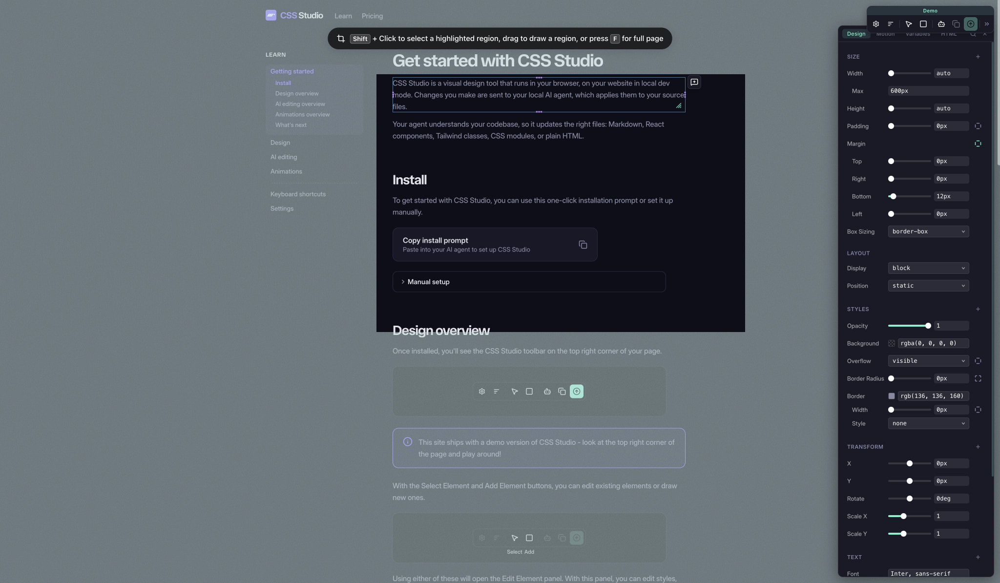 Getting started | CSS Studio captured website design