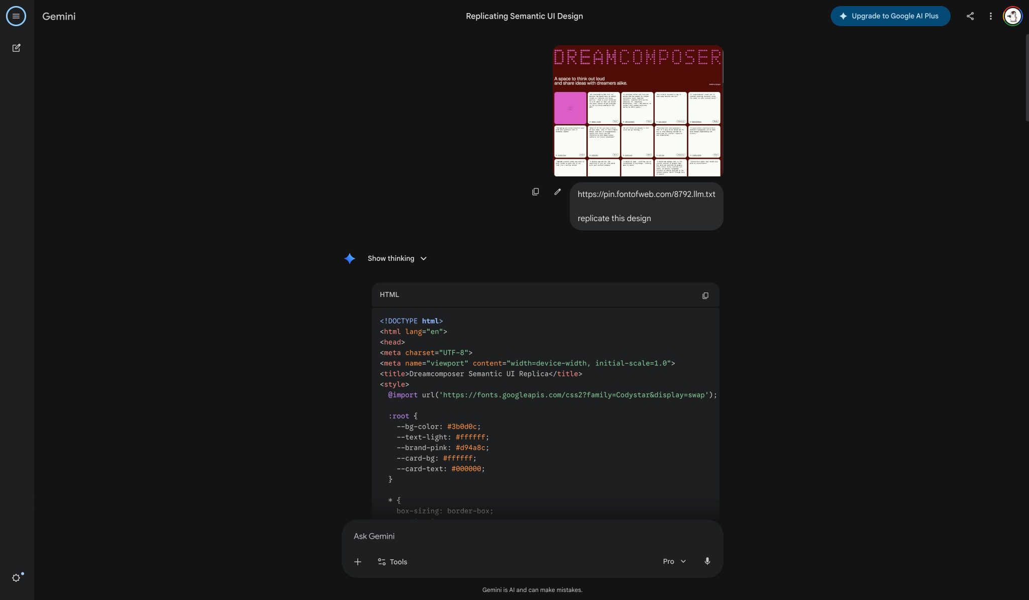 Replicating Semantic UI Design - Google Gemini captured website design