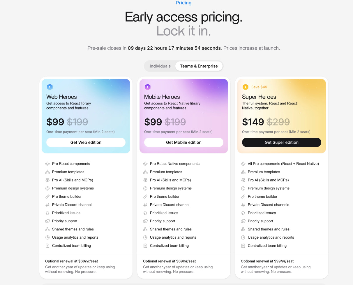 HeroUI Pro — Premium React & React Native UI Components, Templates & AI Tooling | HeroUI Pro captured website design