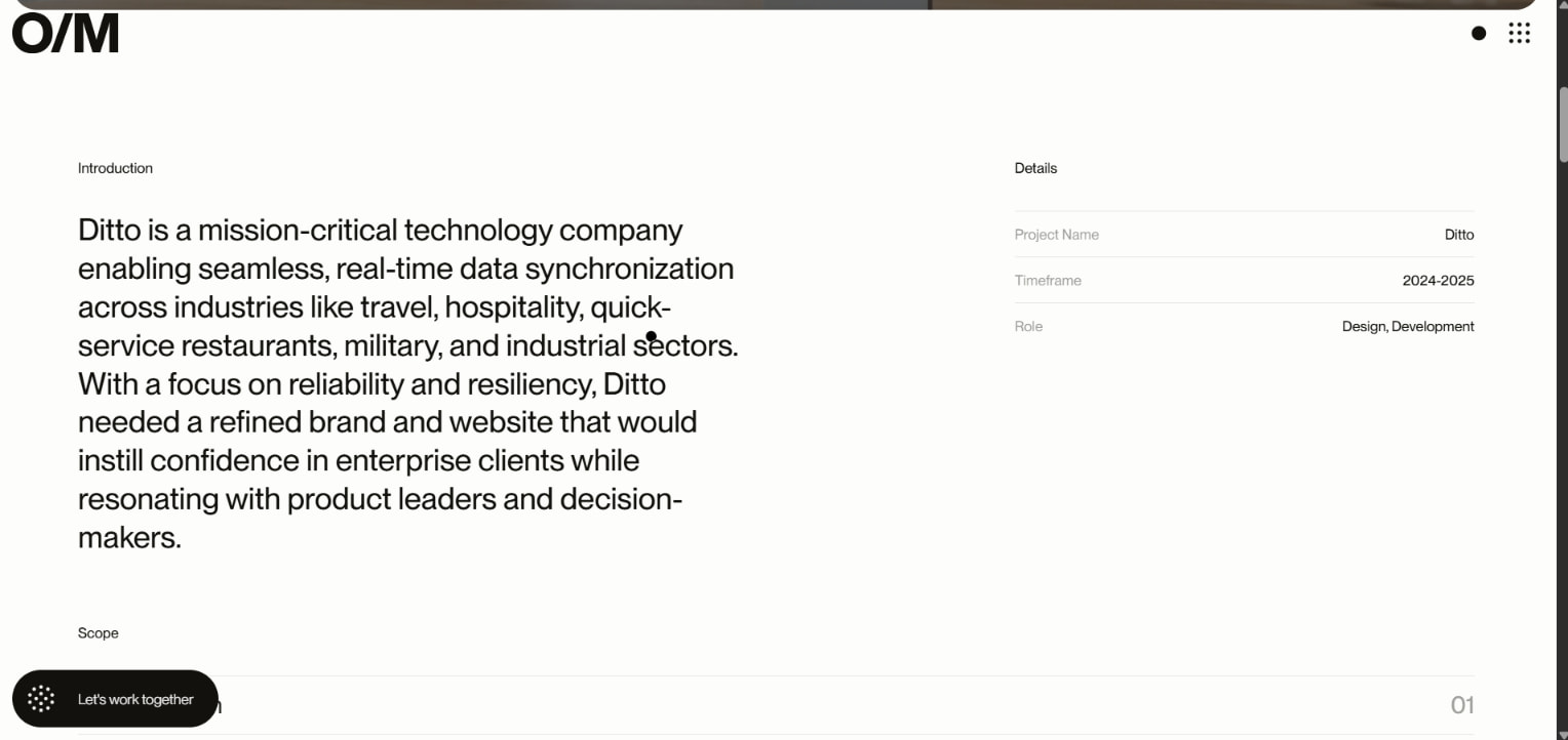Case study introduction with two-column layout showing project details and scope section with bottom border rule captured website design