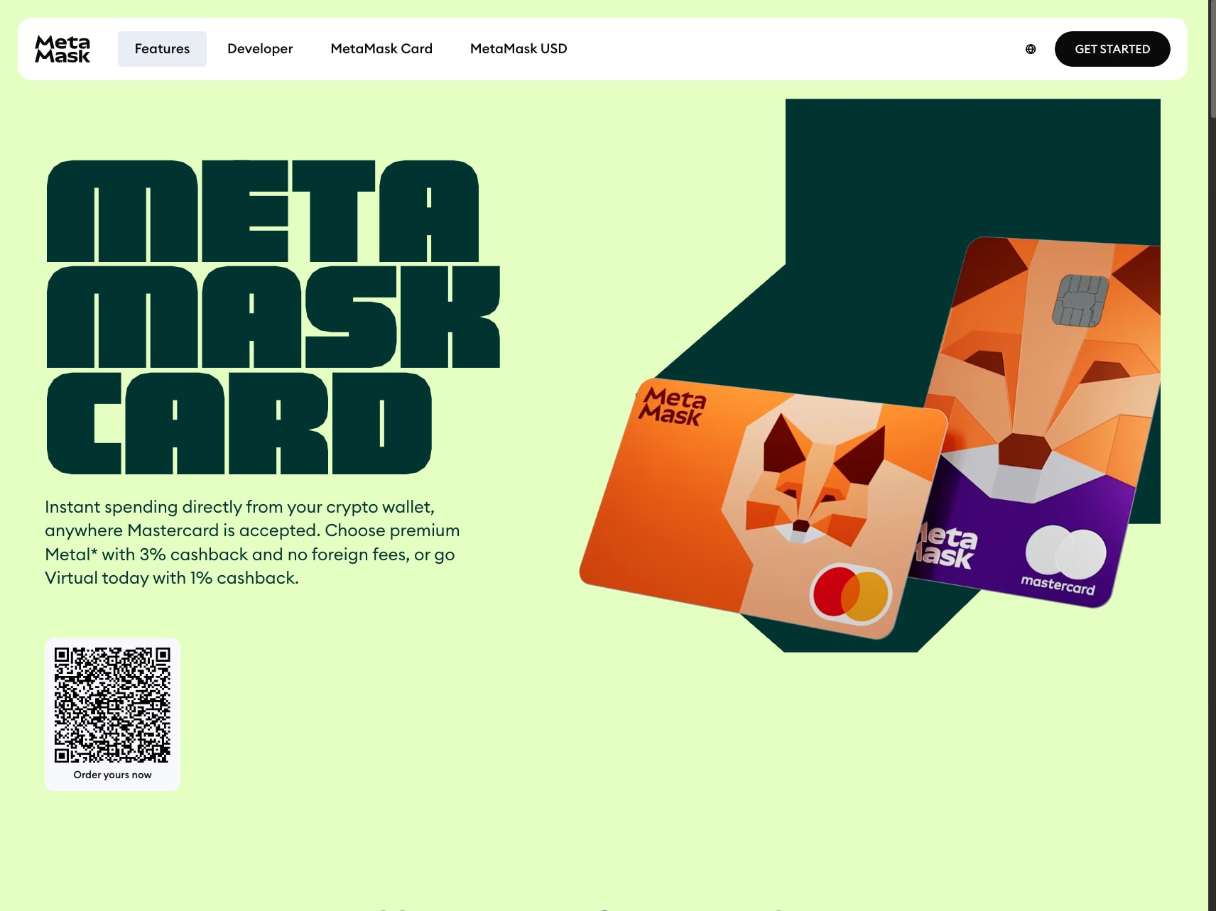 Spend crypto for everyday purchases with MetaMask Card, crypto card captured website design