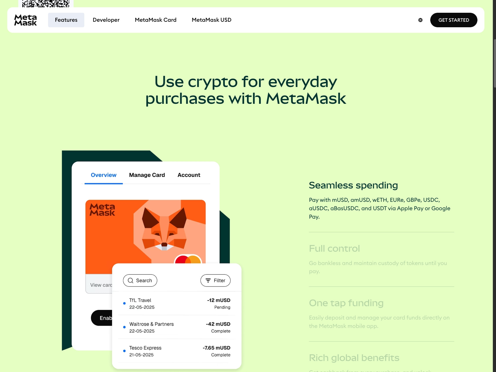 Spend crypto for everyday purchases with MetaMask Card, crypto card captured website design