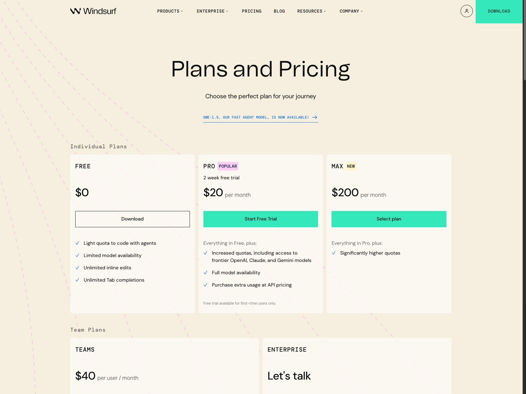 Pricing | Windsurf captured website design