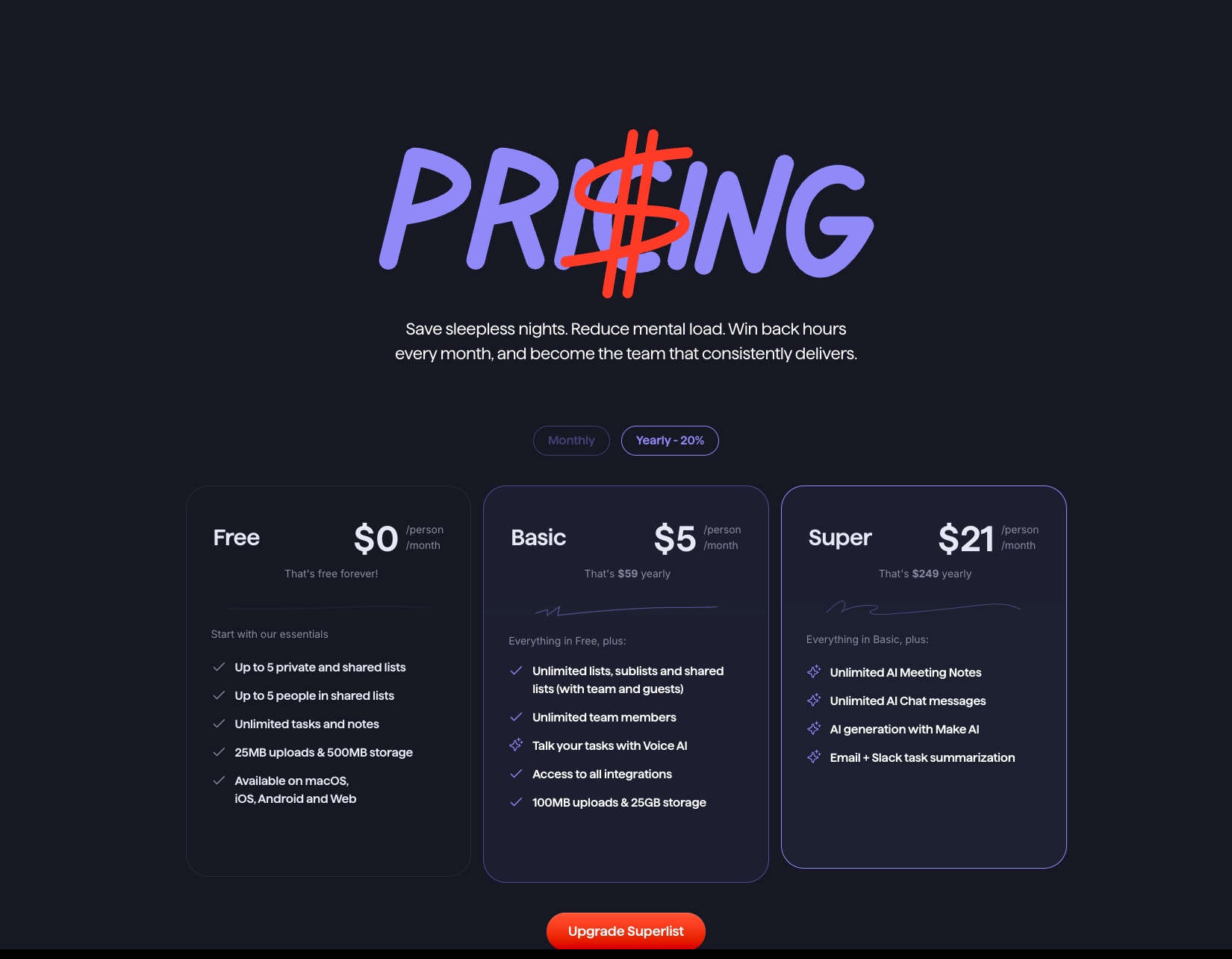 Superlist Pricing: Free Plan & Team Plans for Task Management captured website design