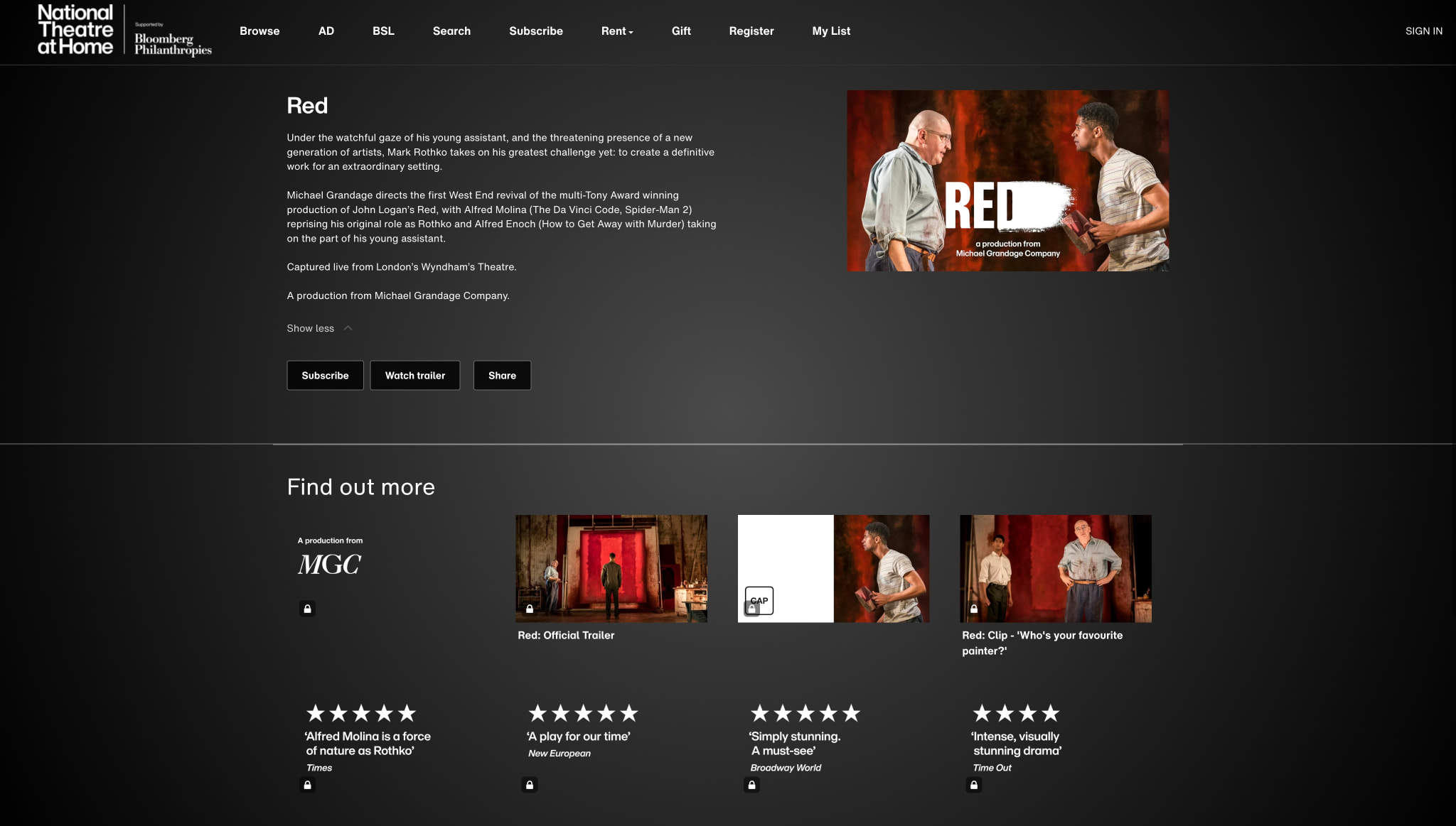 Red - National Theatre at Home | Watch Theatre Online captured website design