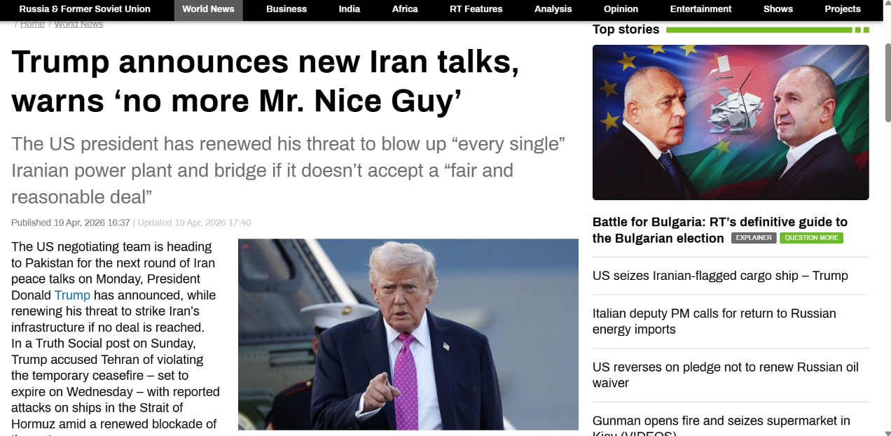 Trump announces new Iran talks, warns ‘no more Mr. Nice Guy’ — RT World News captured website design