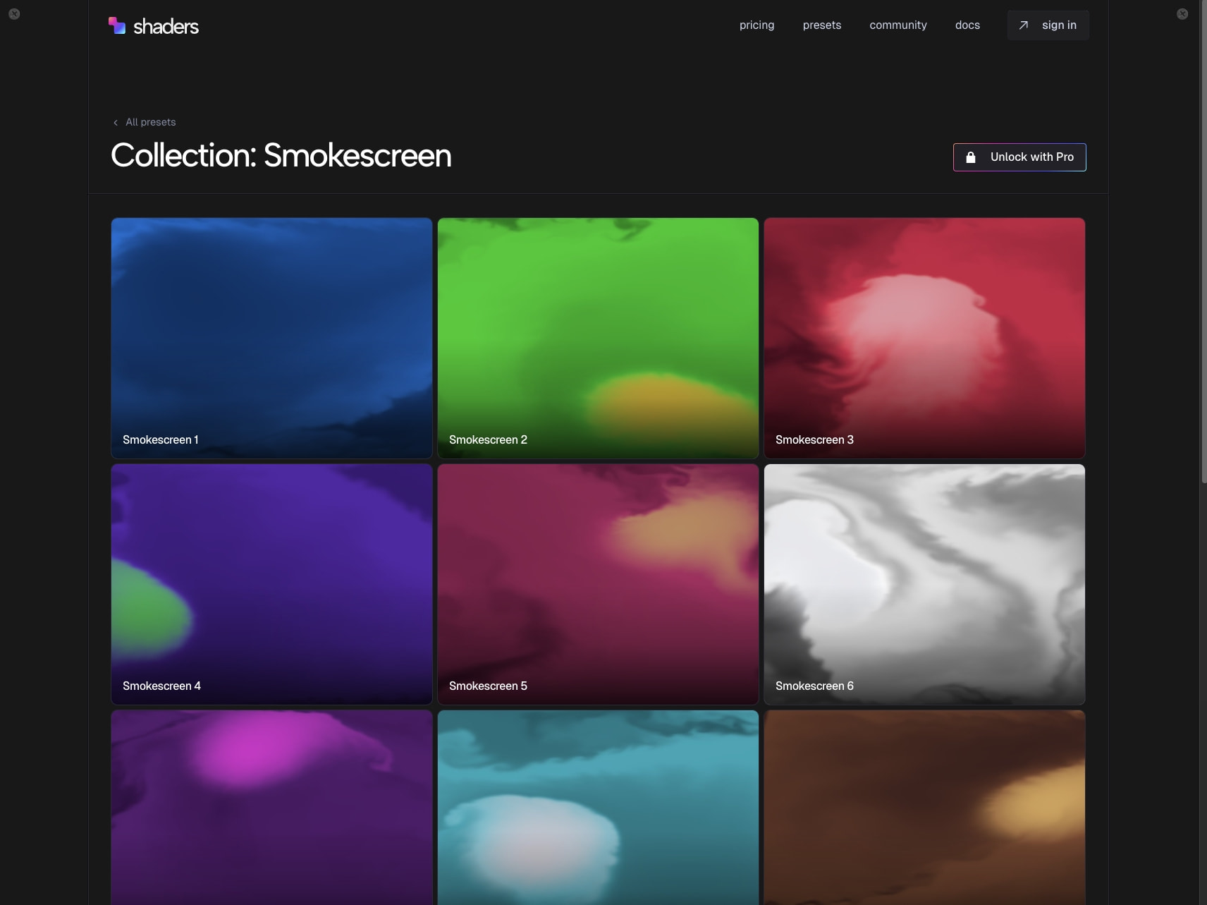 Smokescreen - Shaders captured website design