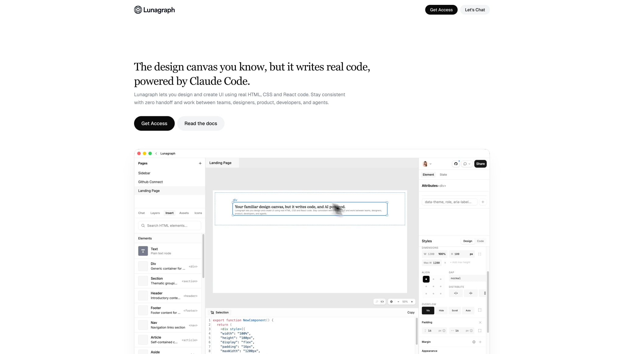 Lunagraph: Design canvas that writes code, powered by Claude Code captured website design