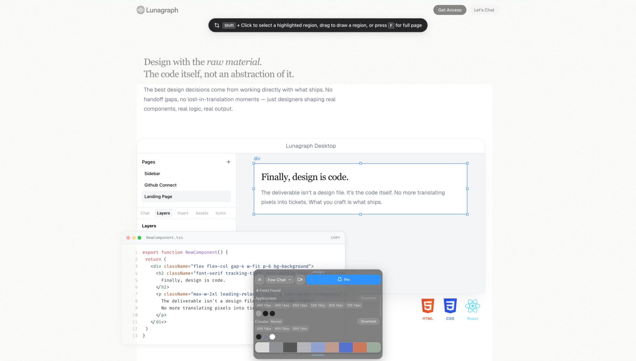 Lunagraph: Design canvas that writes code, powered by Claude Code captured website design