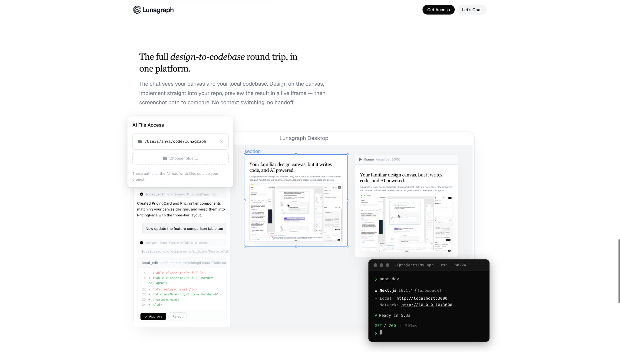 Lunagraph: Design canvas that writes code, powered by Claude Code captured website design