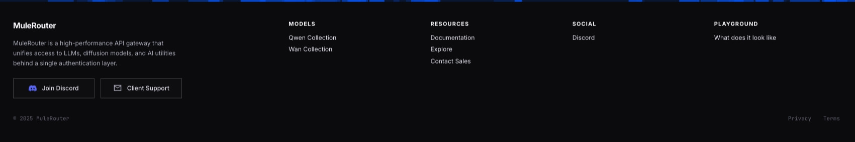 MuleRouter - Generative AI APIs for Images, Video (Wan), LLM (Qwen), and more! captured website design