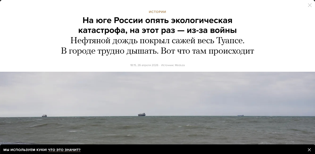 На юге России опять экологическая катастрофа, на этот раз — из-за войны. Нефтяной дождь покрыл сажей весь Туапсе. В городе трудно дышать. Вот что там происходит — Meduza captured website design