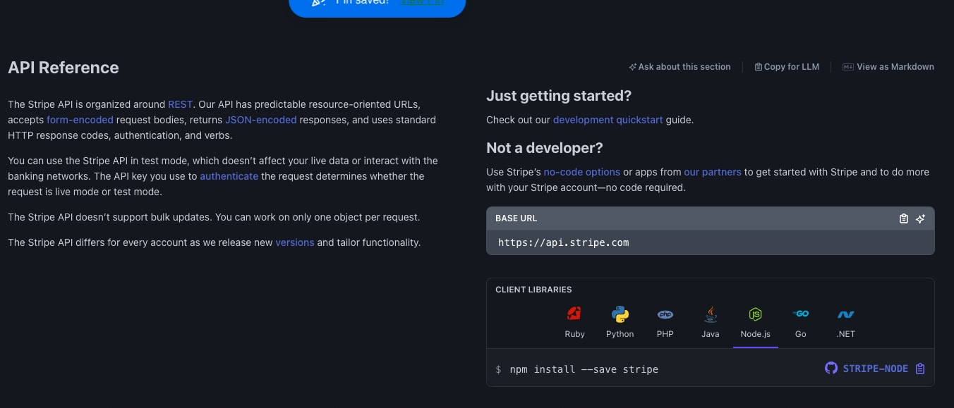 API Reference landing page showing hero section with navigation, introductory content, base URL panel, and client library icons in a dark-themed developer documentation layout captured website design