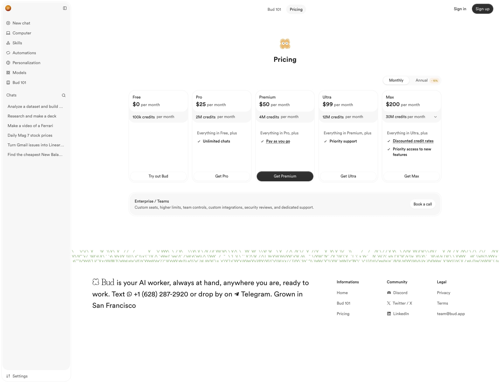 Pricing - Bud captured website design