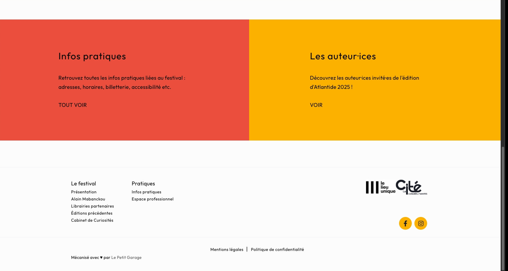 Footer section with split red and yellow promotional panels, navigation links, and partner logos captured website design
