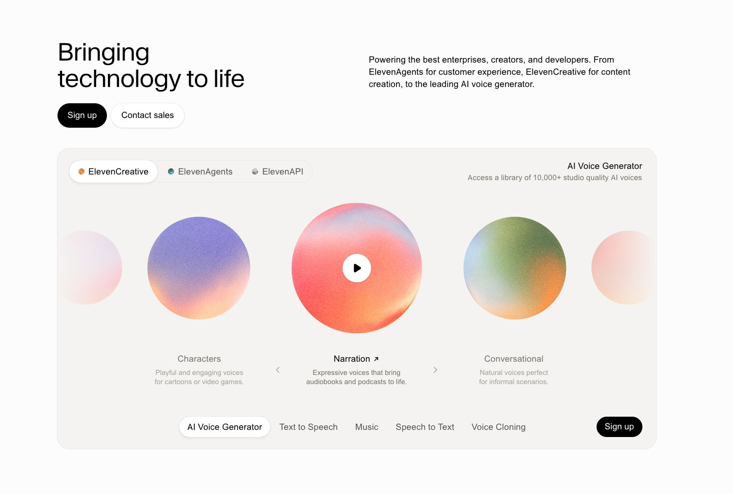 Free AI Voice Generator & Voice Agents Platform | ElevenLabs captured website design