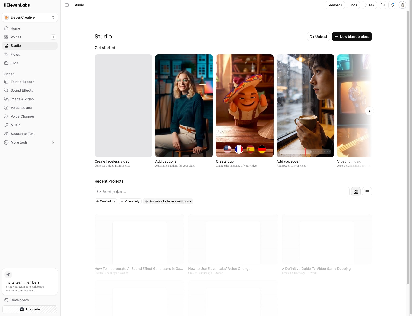Studio | ElevenLabs captured website design