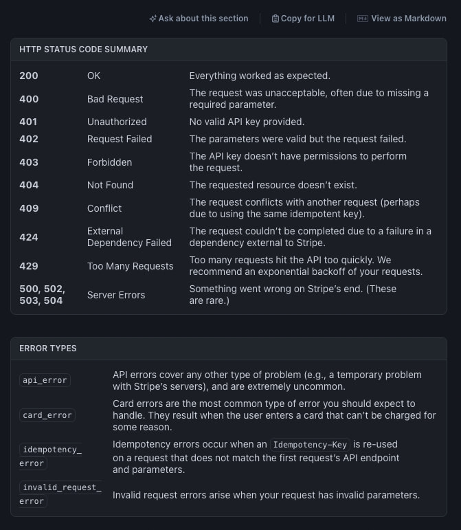 HTTP status code summary table and error types section with structured data rows and monospace code labels against a dark background captured website design