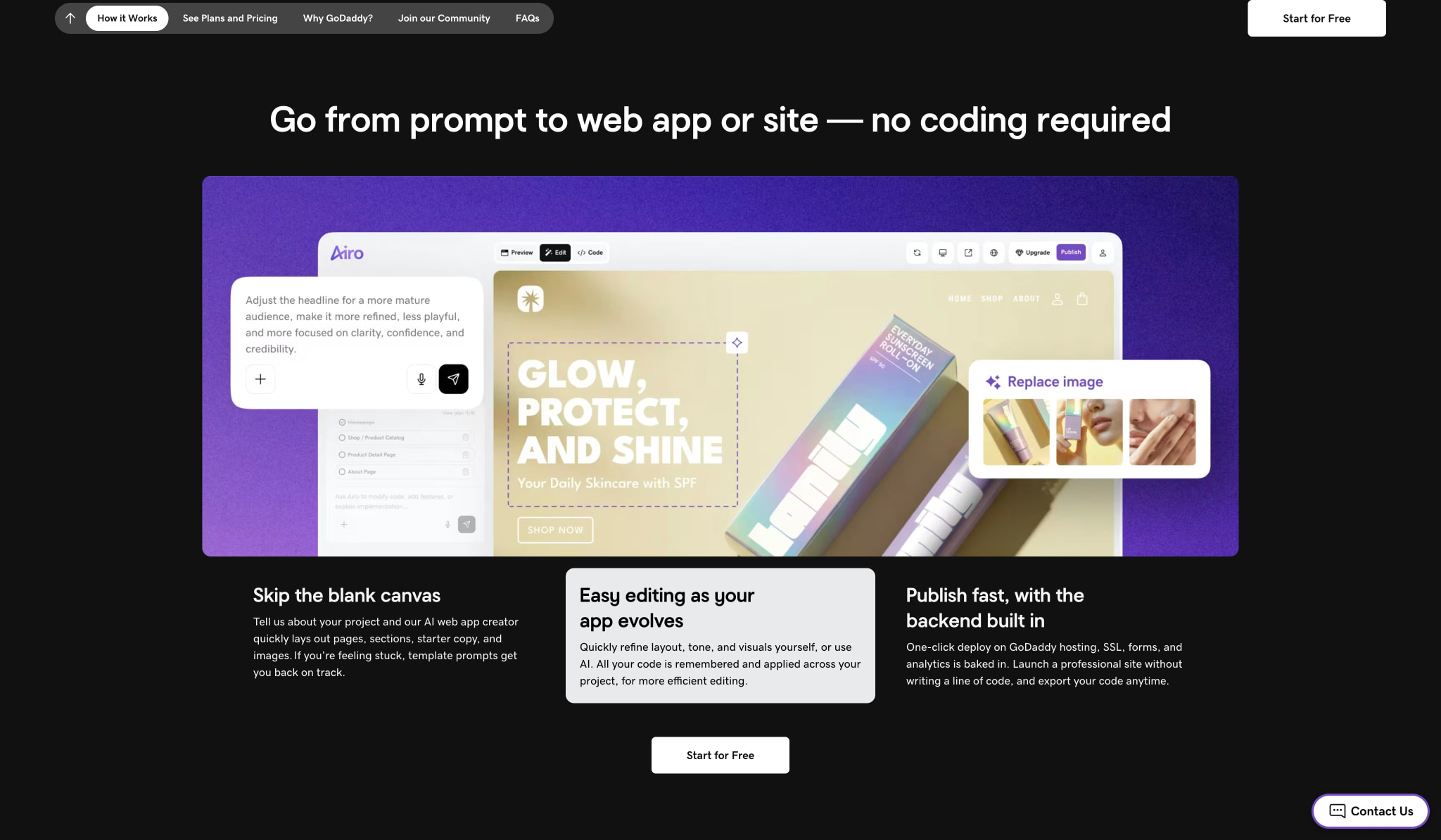 Build No Code Web Apps & More with AI - GoDaddy Airo AI Builder captured website design