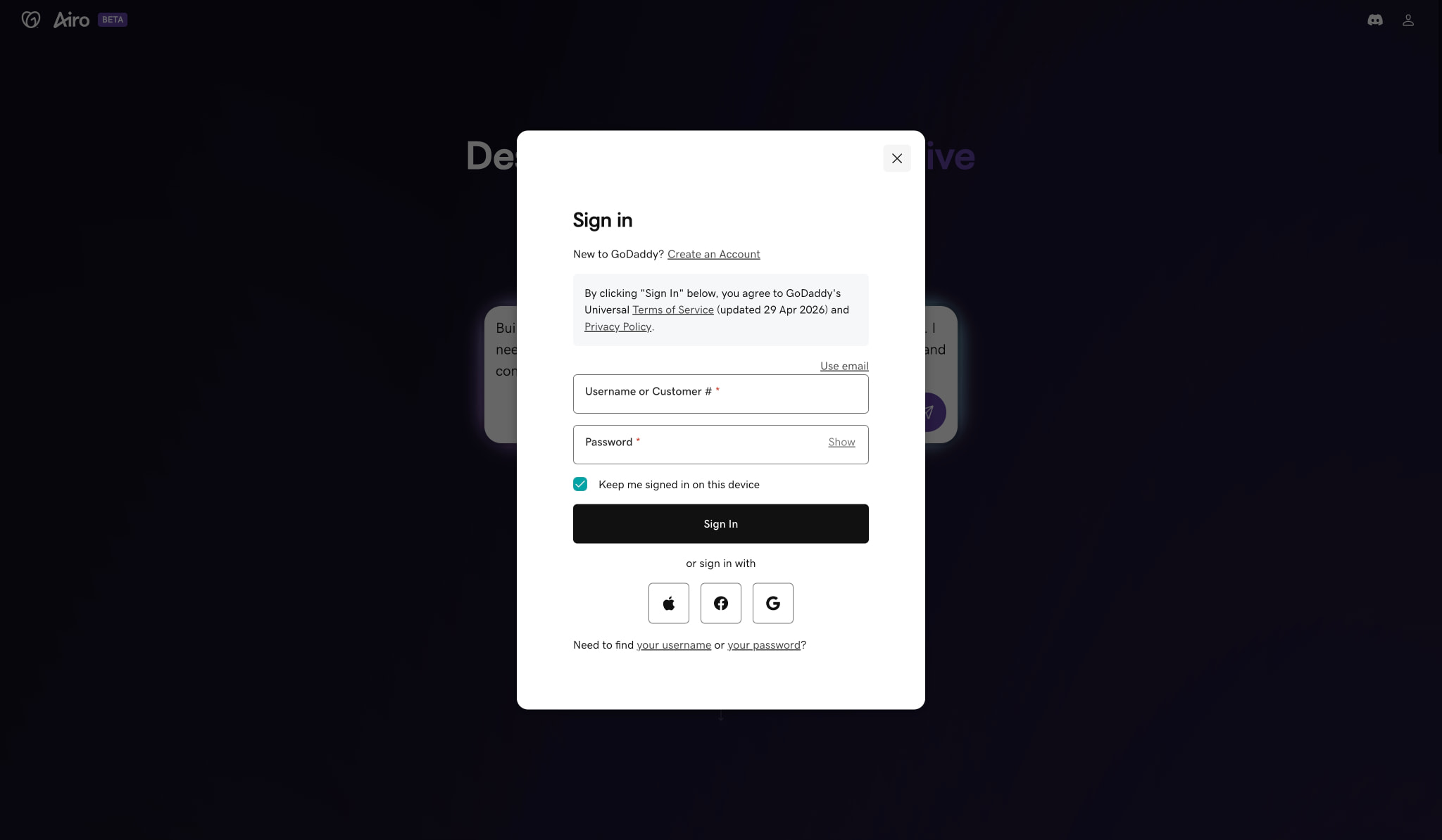GoDaddy Airo AI Builder captured website design