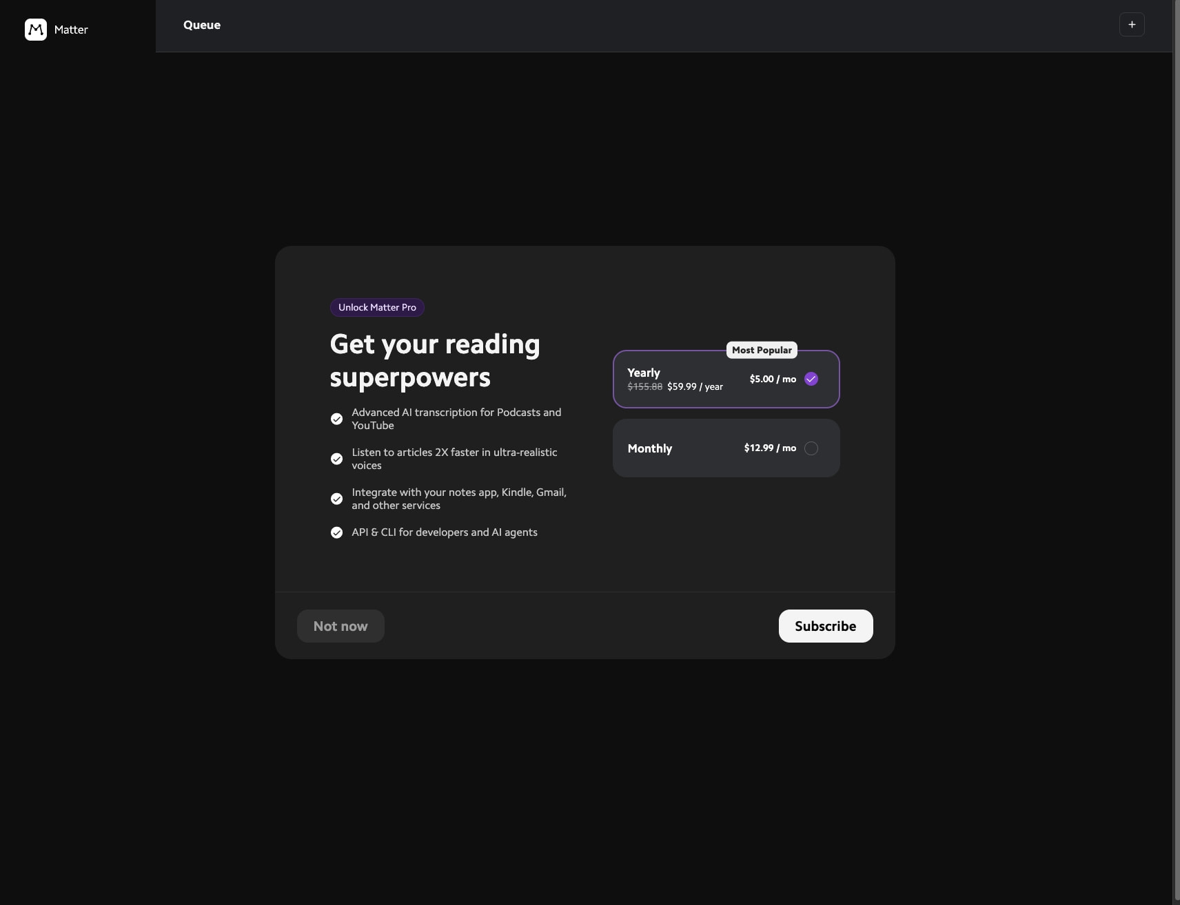 Queue | Matter captured website design