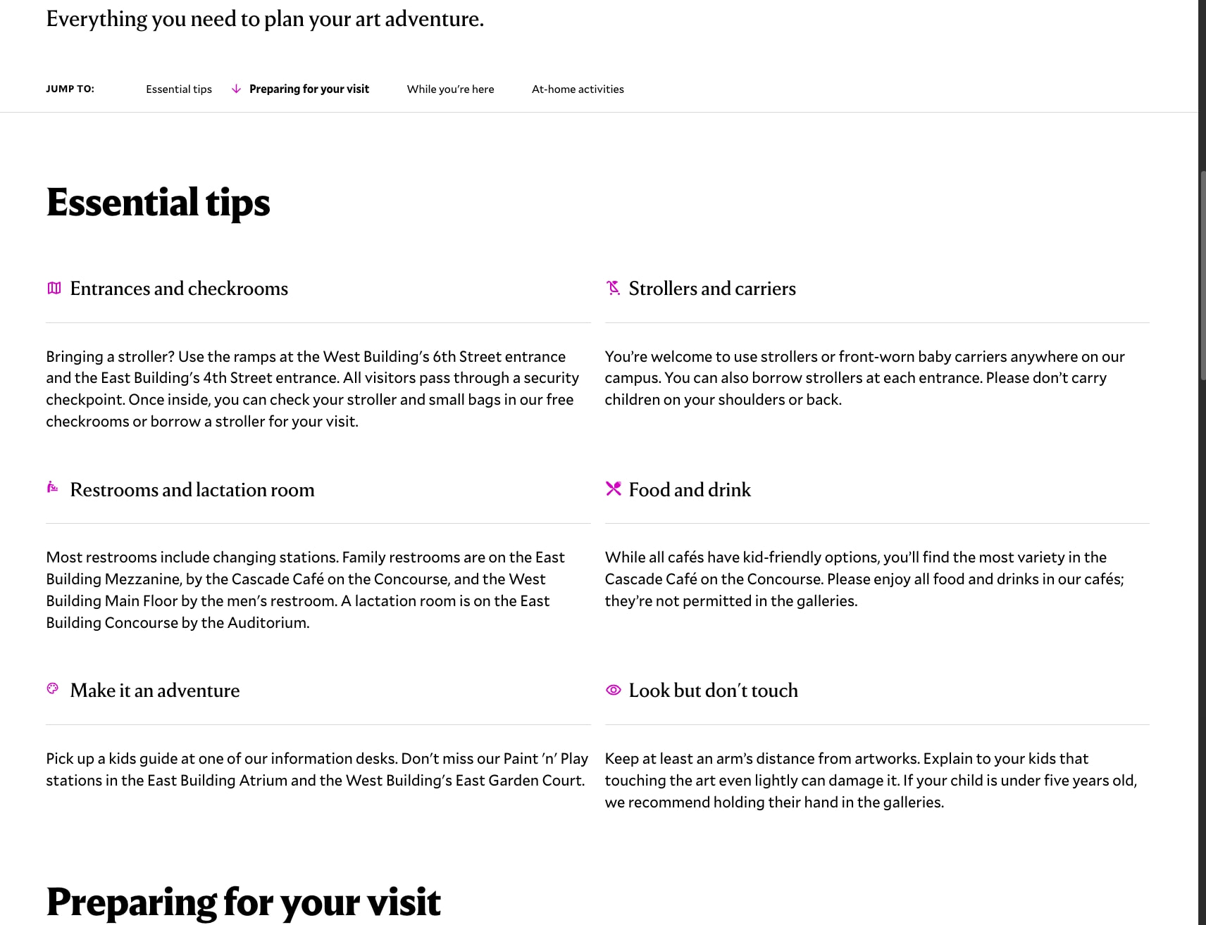Essential tips section with two-column layout, icon headings, and horizontal rule separators captured website design