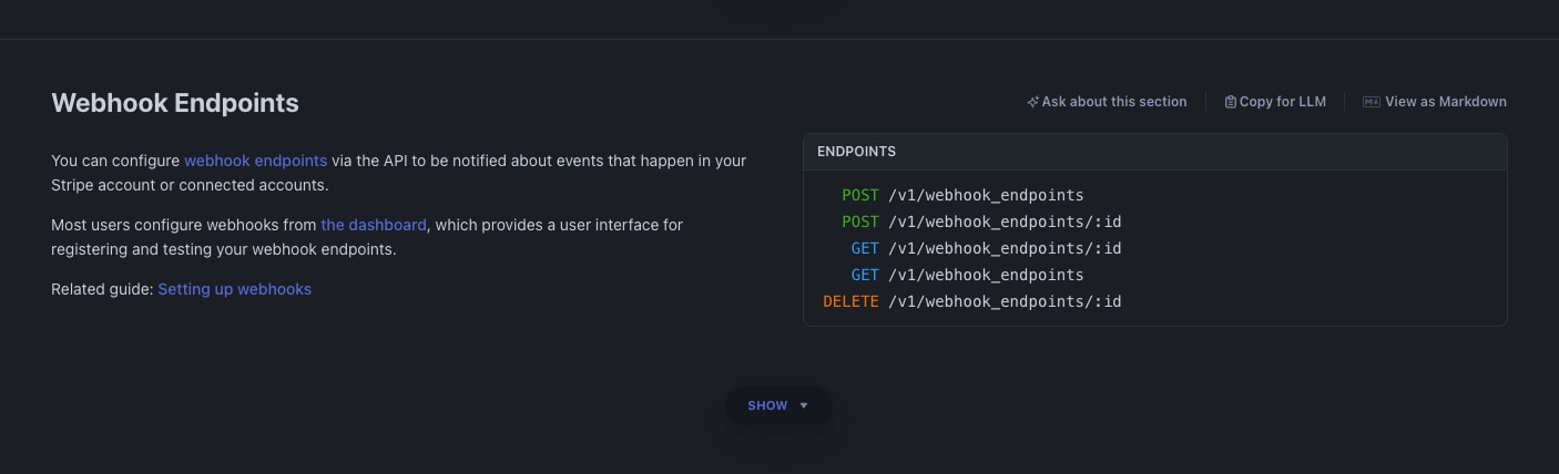 Webhook Endpoints section with method-colored API endpoint list showing POST in green, GET in blue, DELETE in orange, and action buttons in the header captured website design