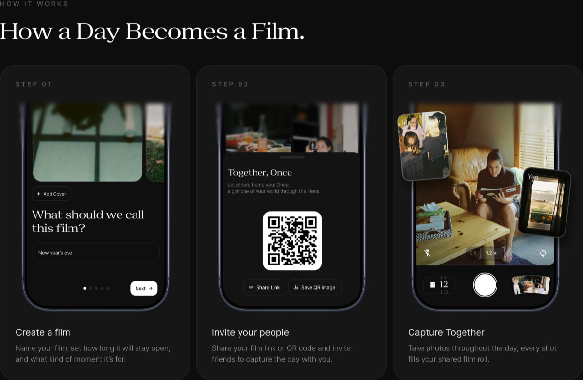 Once: Disposable Camera for Your Precious Moment captured website design