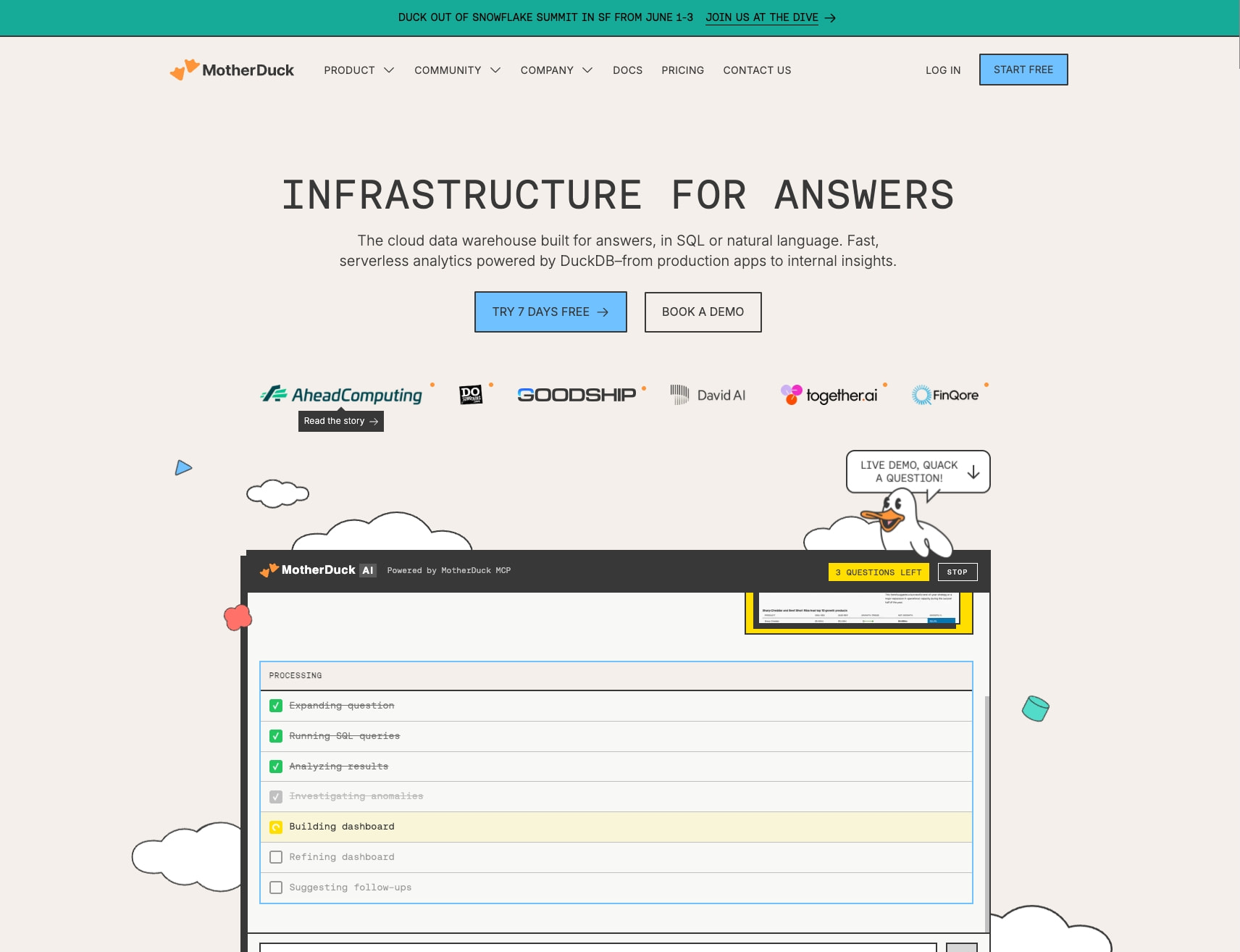 MotherDuck | The Cloud Data Warehouse Built on DuckDB captured website design