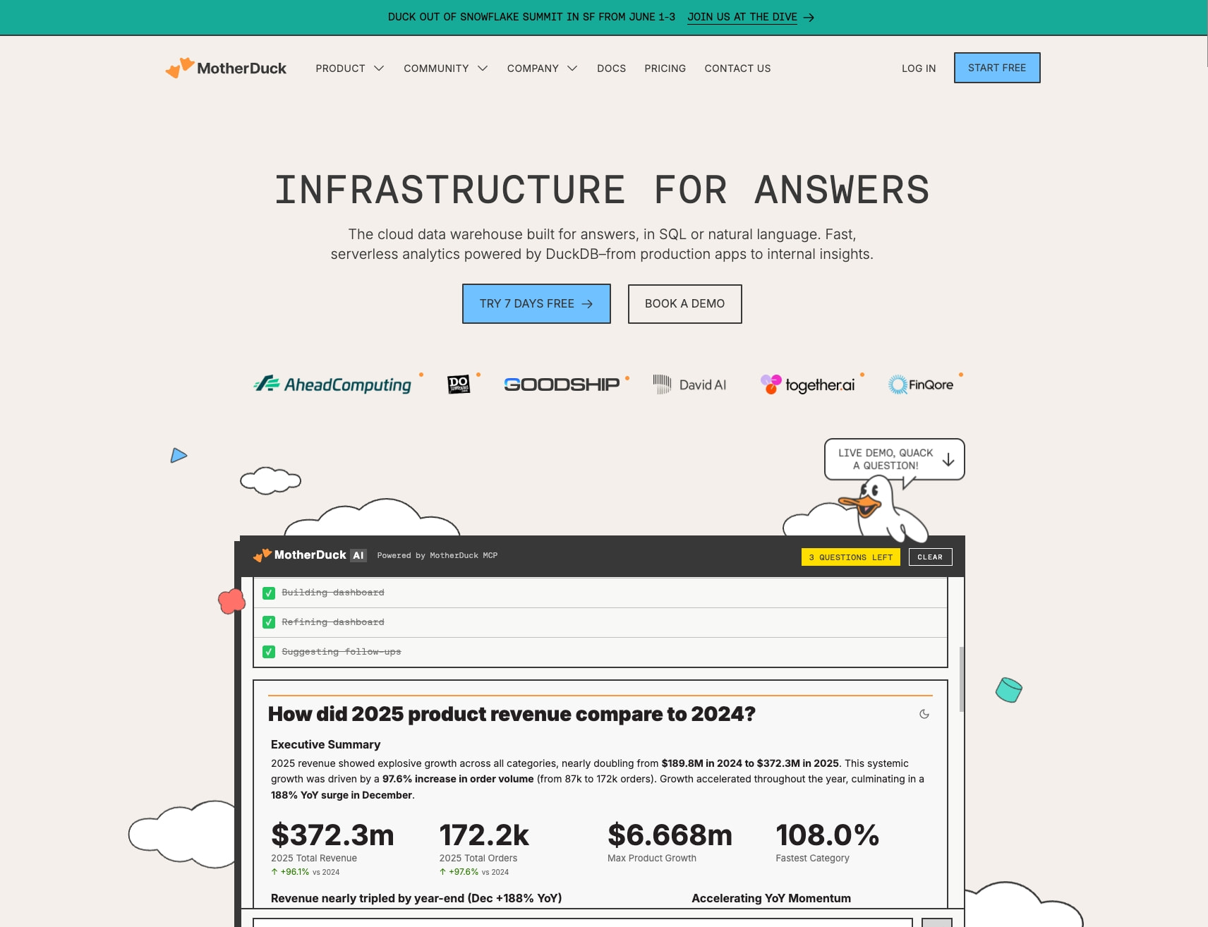 MotherDuck | The Cloud Data Warehouse Built on DuckDB captured website design