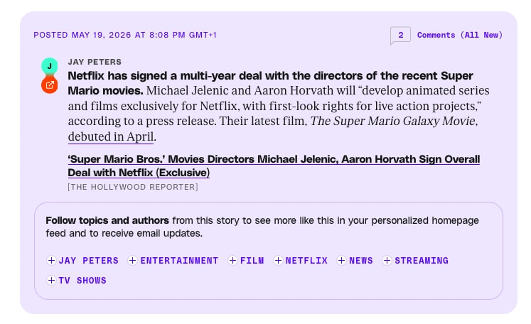 Netflix has signed a multi-year deal with the directors of the recent Super Mario movies. | The Verge captured website design