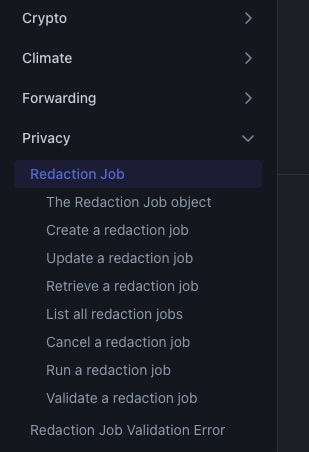 Left sidebar navigation with expanded Privacy section showing Redaction Job submenu highlighted in purple with nested resource operations captured website design