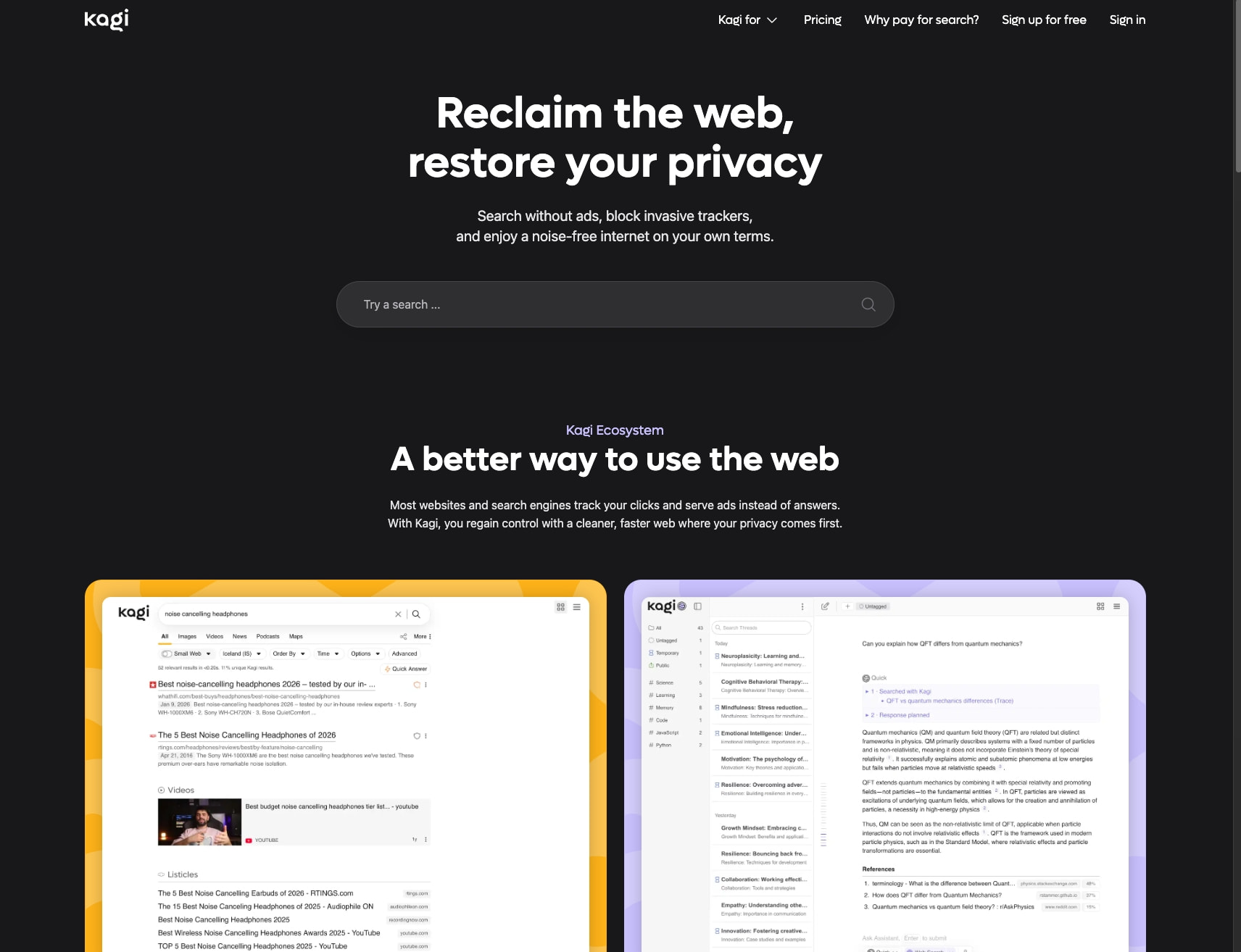 Kagi - Reclaim the Web & Restore Your Privacy captured website design