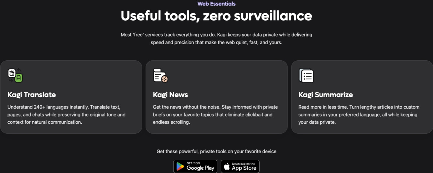 Kagi - Reclaim the Web & Restore Your Privacy captured website design