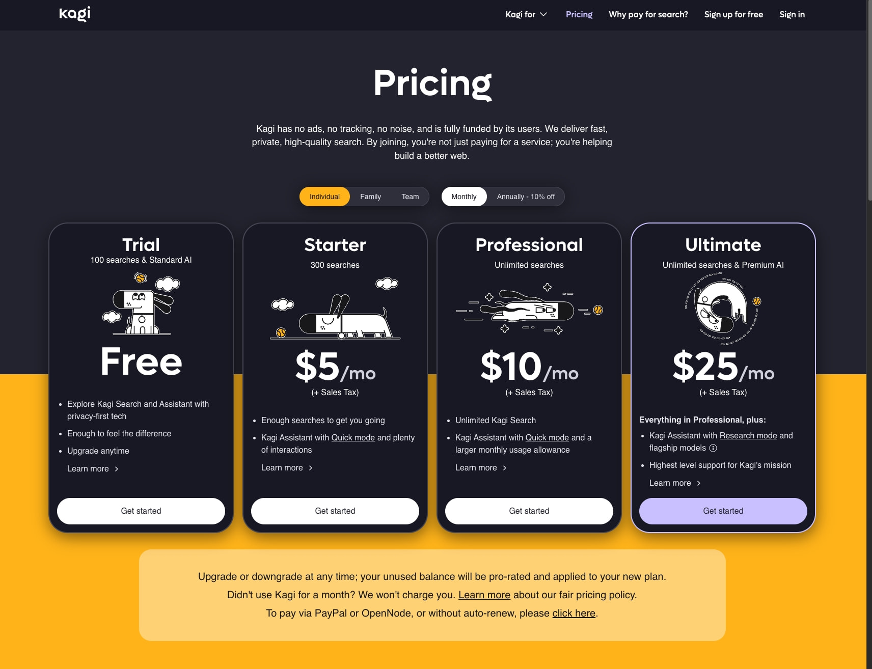 Kagi Search Pricing and Plans - Kagi Search captured website design