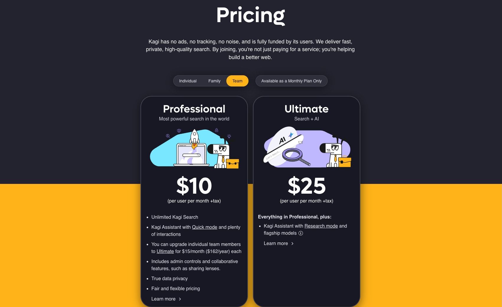 Kagi Search Pricing and Plans - Kagi Search captured website design