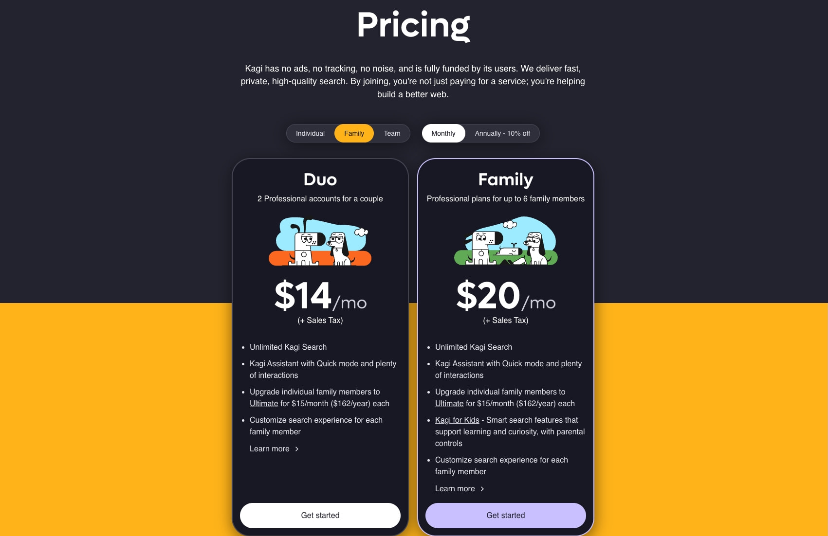 Kagi Search Pricing and Plans - Kagi Search captured website design