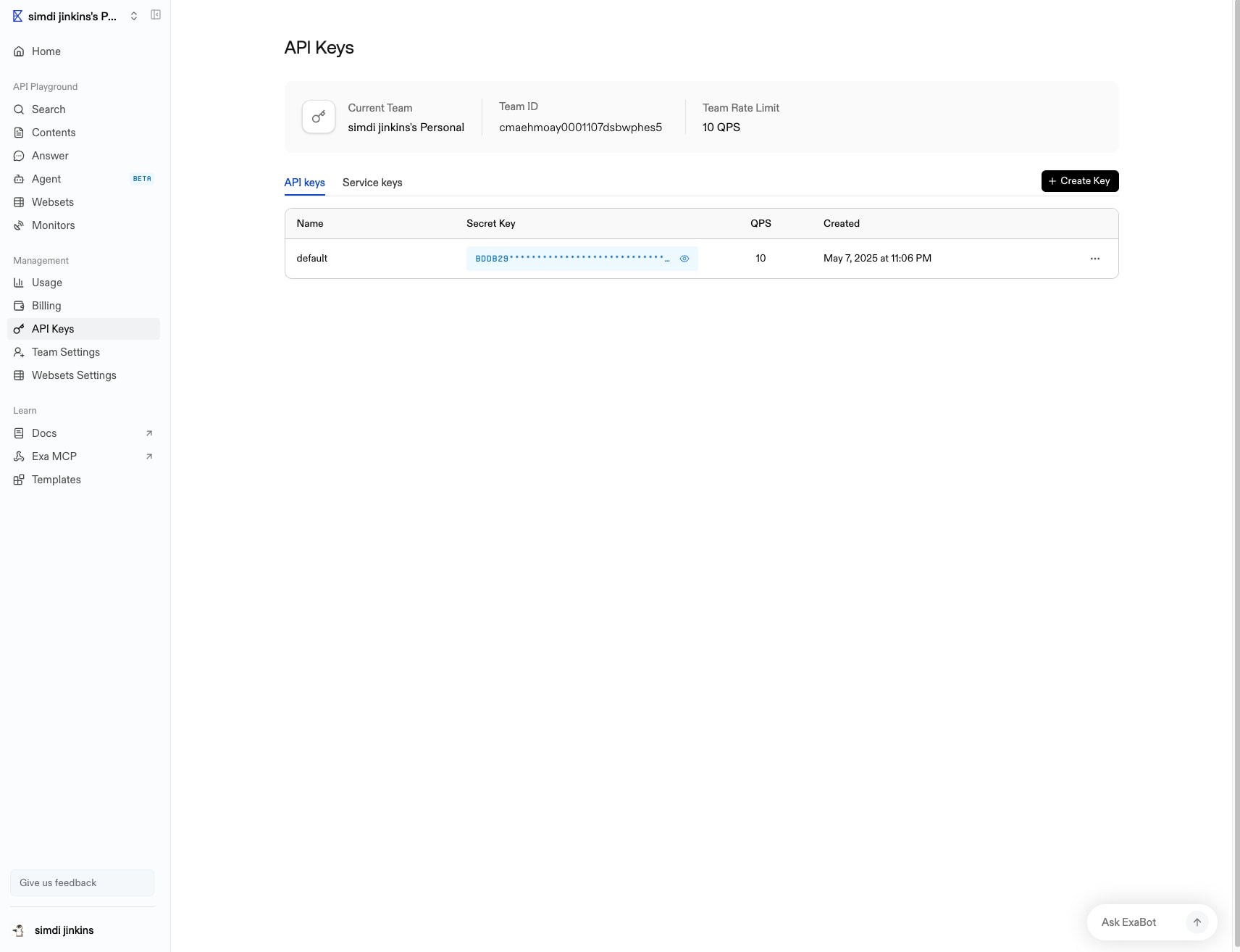 API Keys | Exa API captured website design