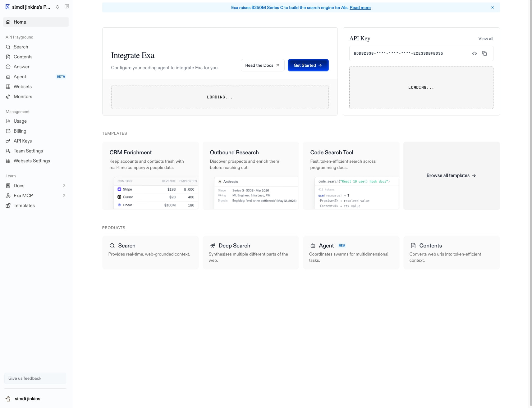 Home | Exa API captured website design