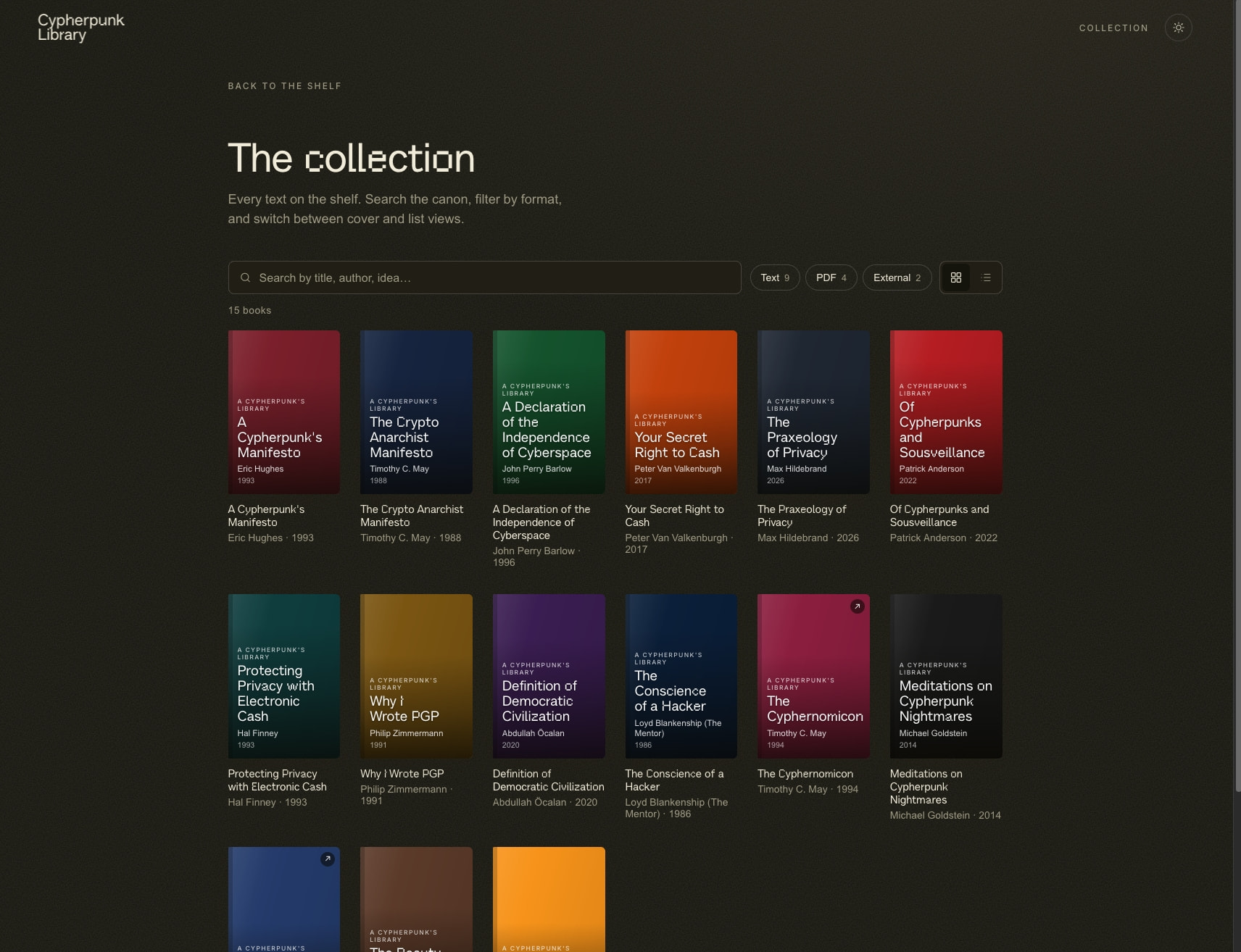 Browse the collection · The Cypherpunk Library captured website design