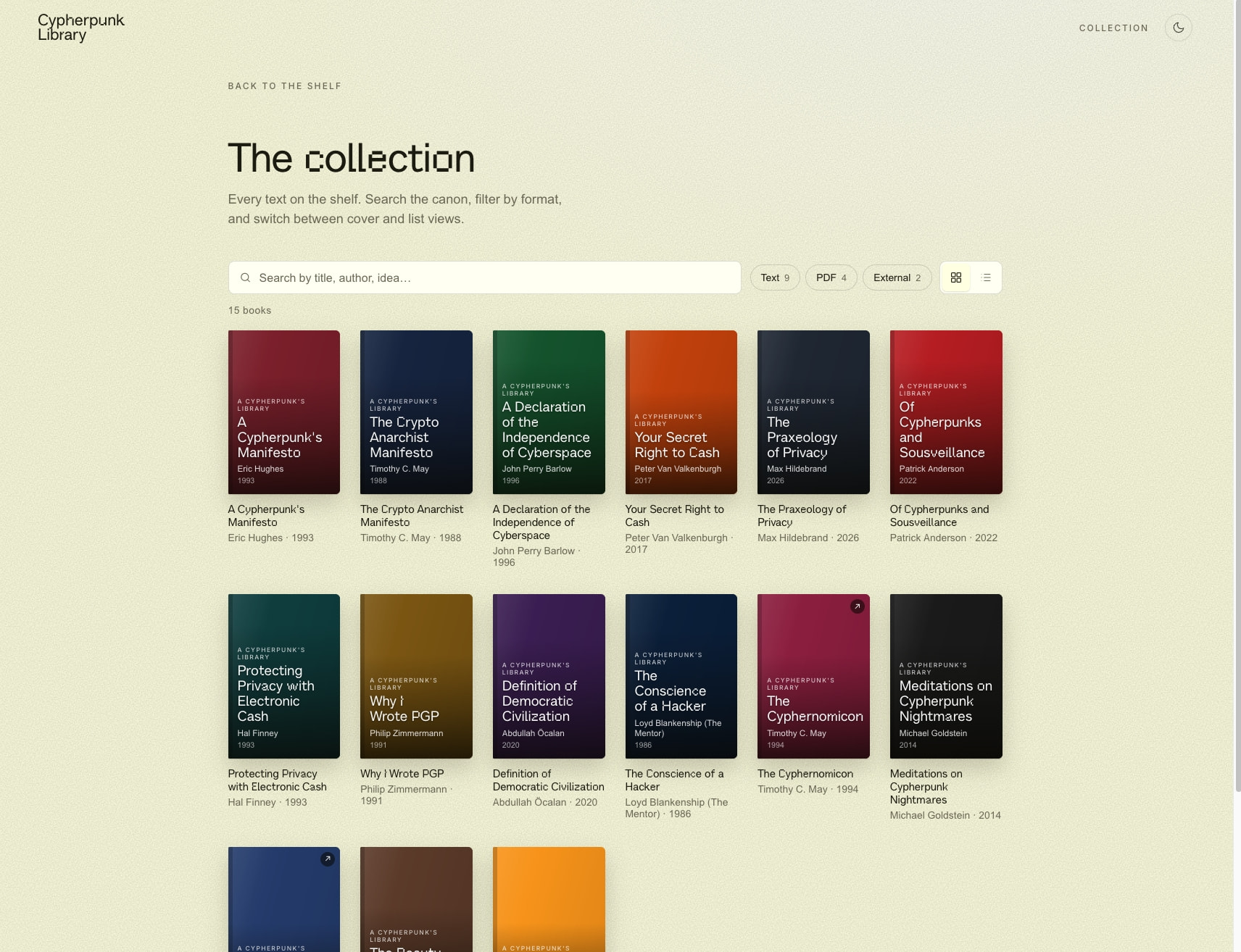 Browse the collection · The Cypherpunk Library captured website design