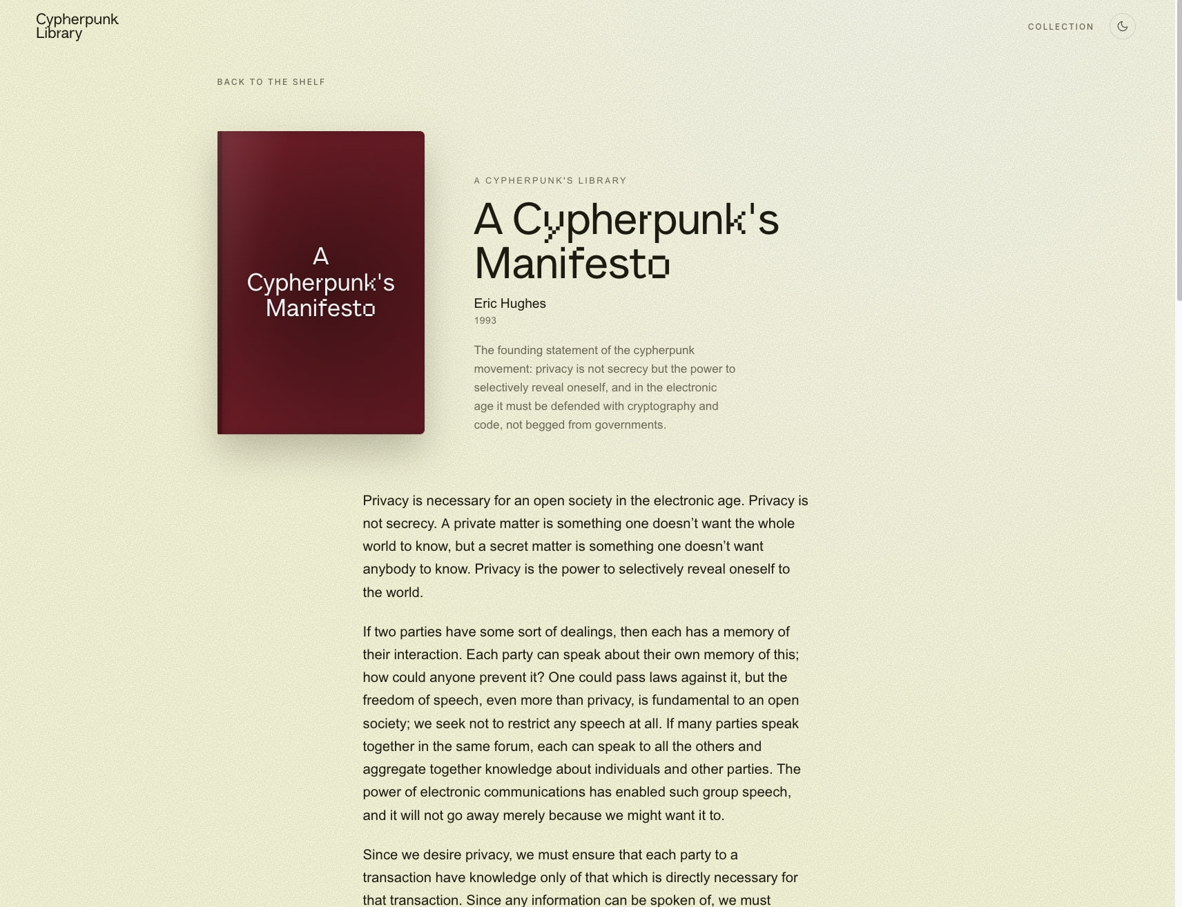 A Cypherpunk's Manifesto · The Cypherpunk Library captured website design