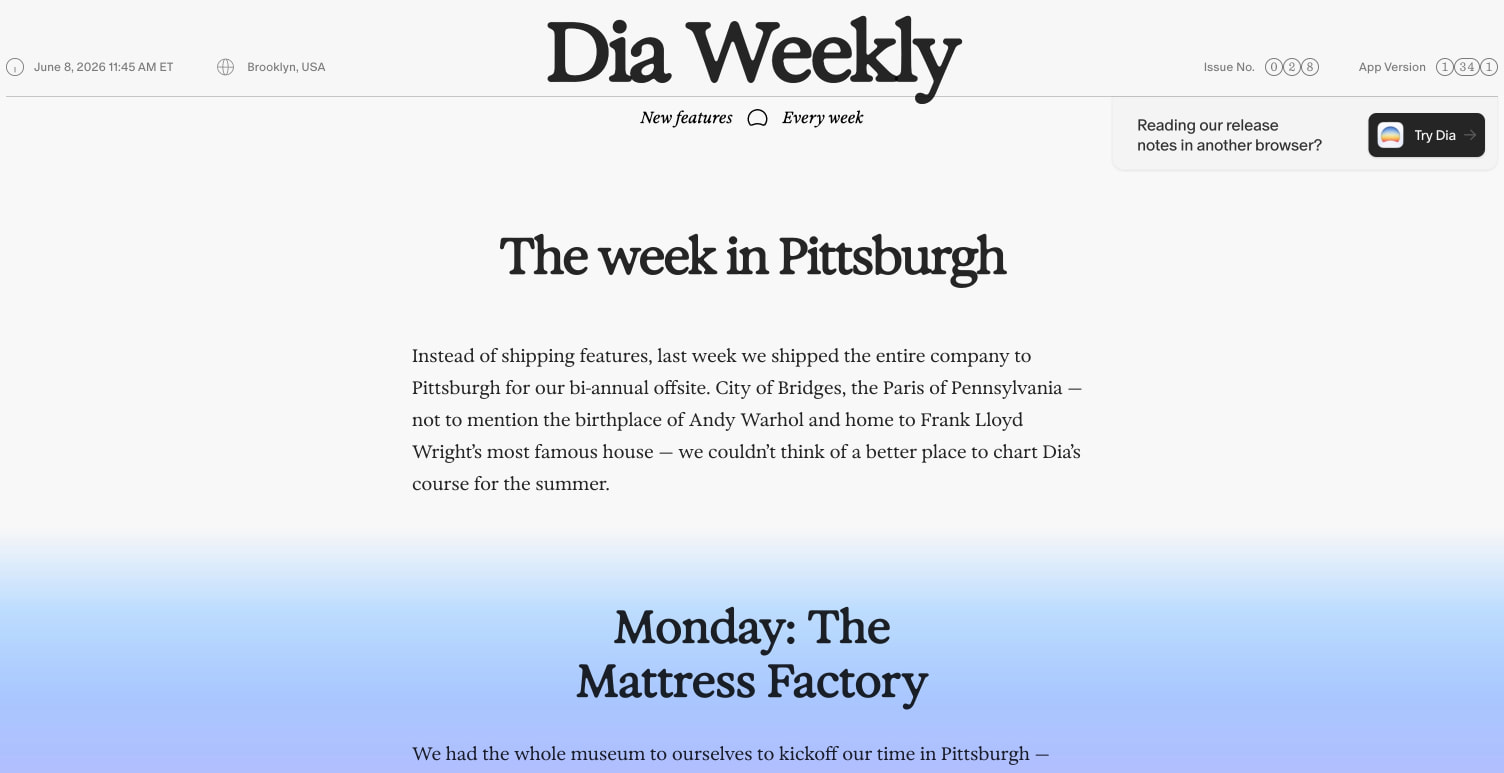 Dia Browser | Latest Release Notes captured website design