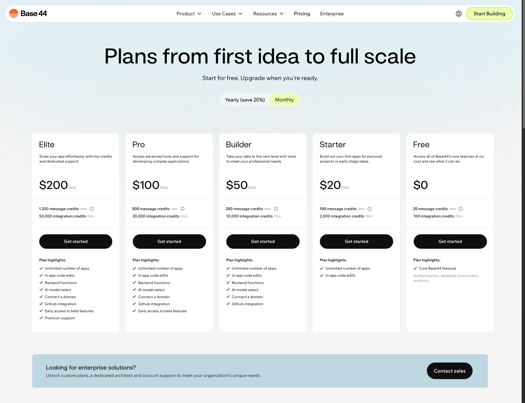 Plans to Fit Every Interest | Base44 Pricing captured website design
