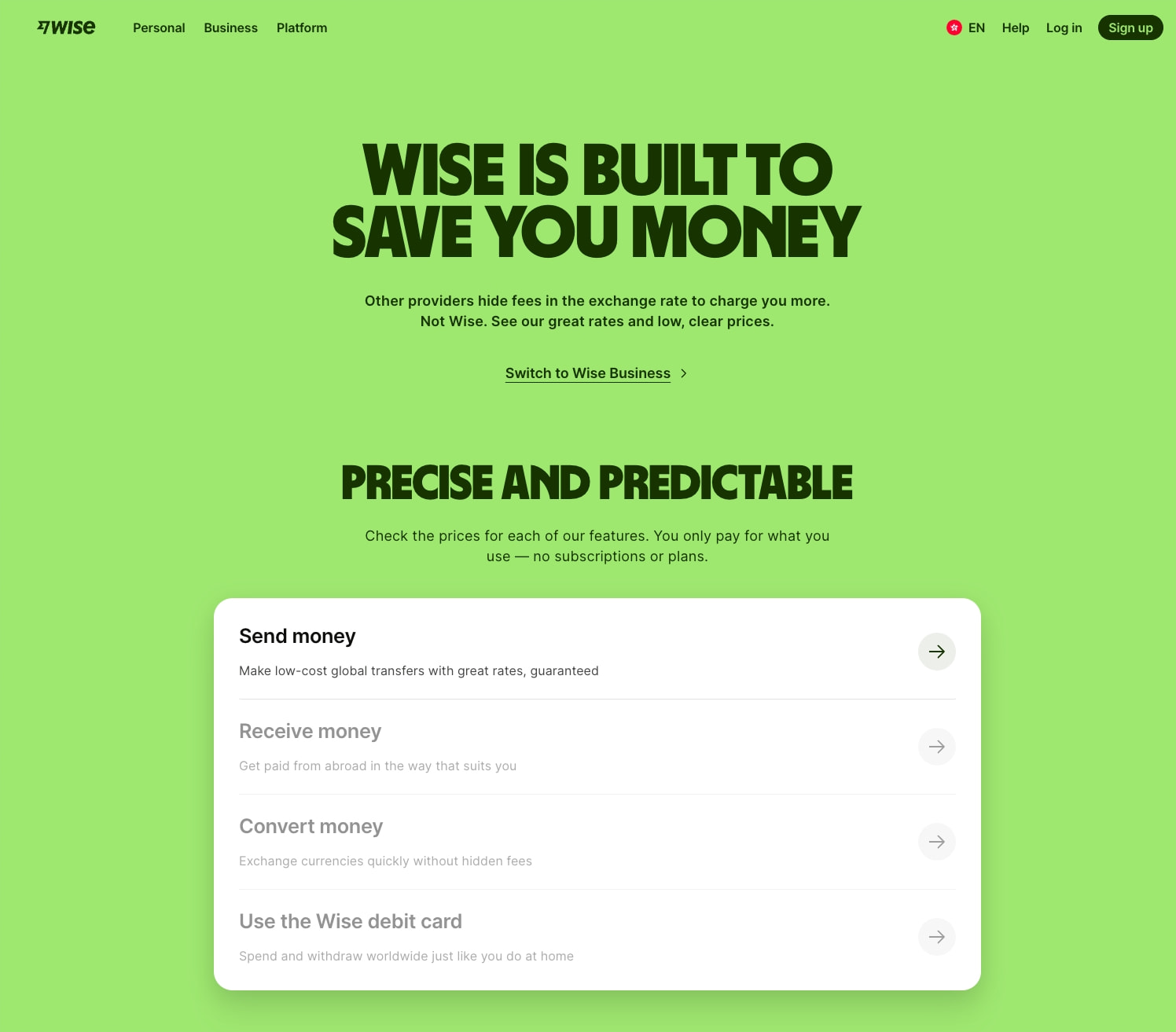 Wise Fees & Pricing: Only Pay for What You Use captured website design