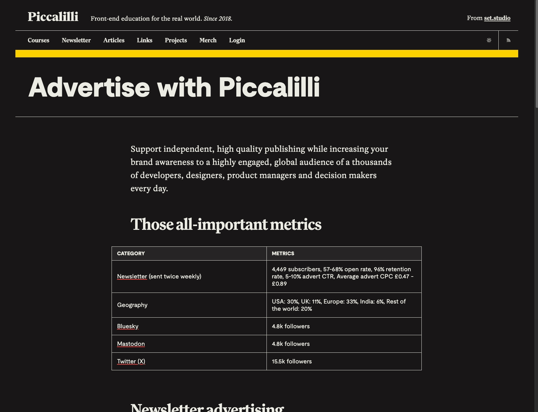 Advertise - Piccalilli captured website design