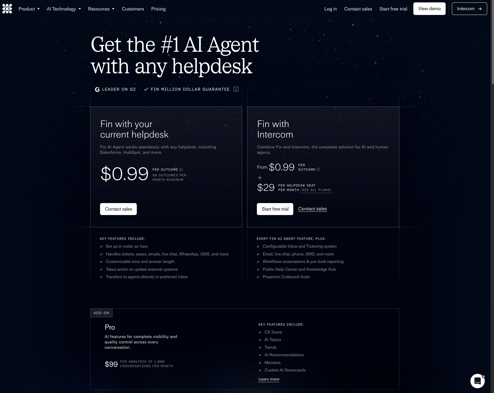Fin AI Agent Pricing captured website design