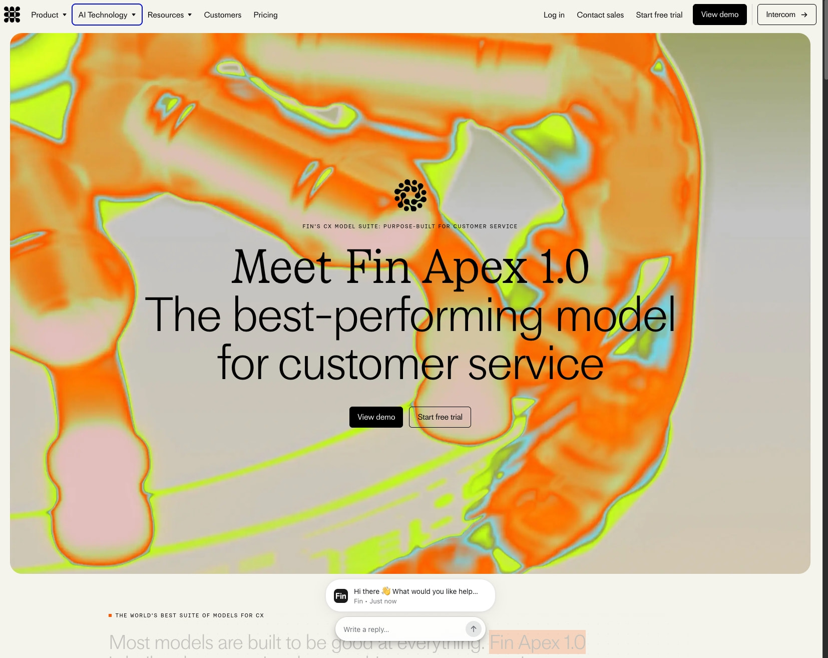 Fin Apex 1.0 — The best-performing model for customer service captured website design