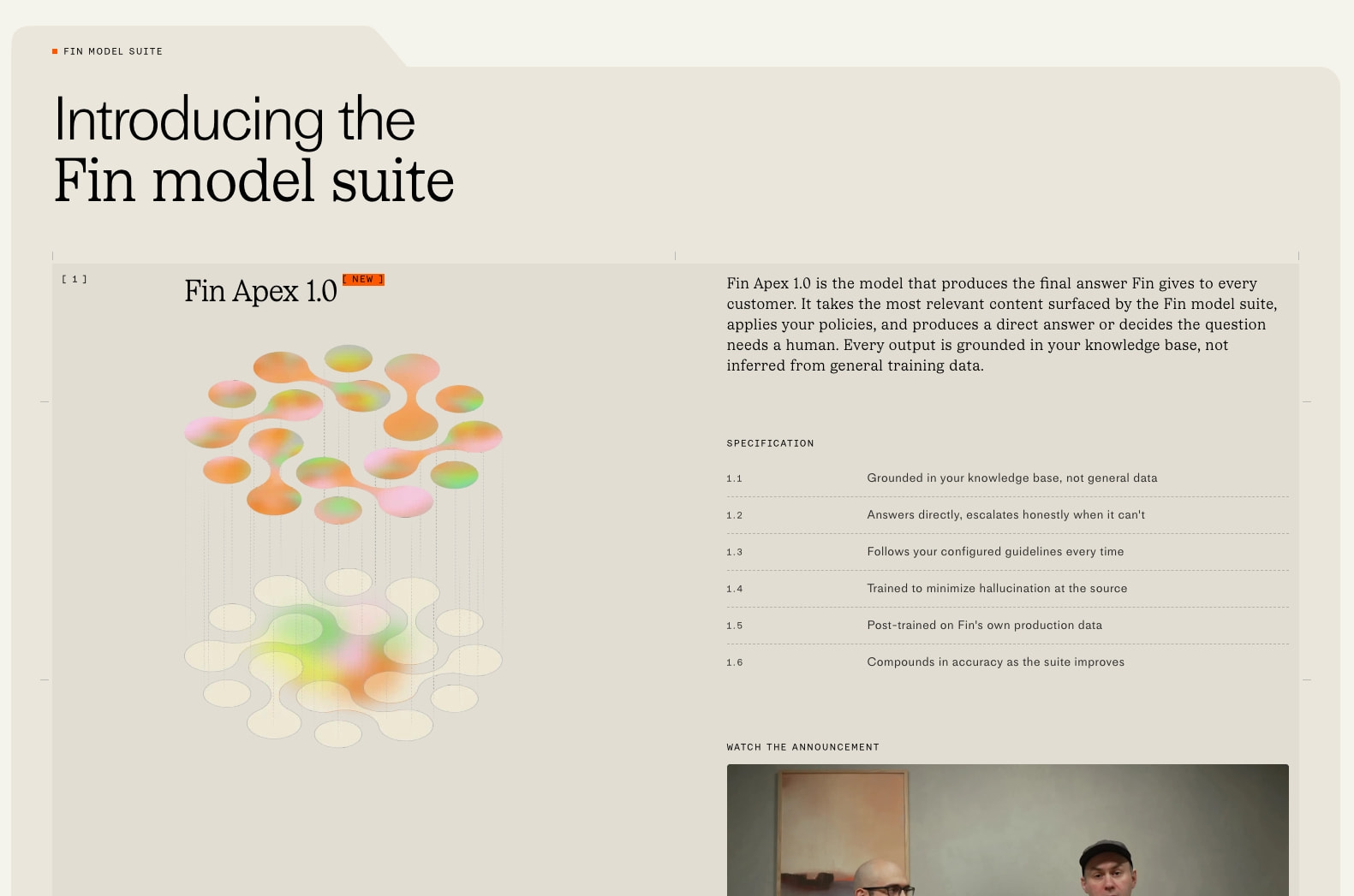 Fin Apex 1.0 — The best-performing model for customer service captured website design